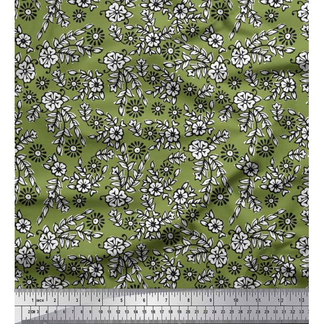 Soimoi Polyester Crepe Fabric Leaves & Floral Block Print Fabric by The Yard 42 Inch Wide