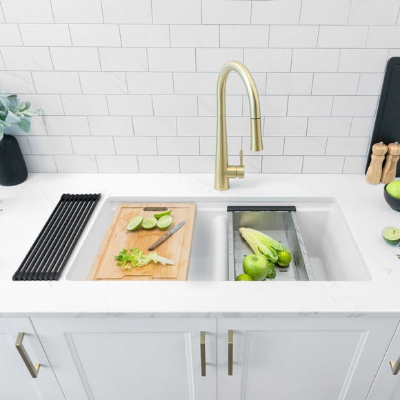 Stylish Dual Mount 33" White Composite Granite Double-Bowl Kitchen Sink with 5 Accessories S-833WH