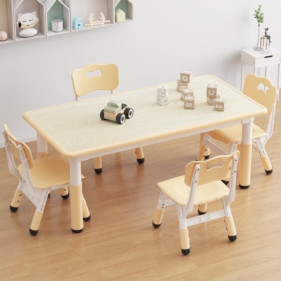 TROPOW Toddler Table and 4 Chairs Set with Graffiti Desktop,Height Adjustable Kids Table and Chairs Set,Non-Slip Legs,Kids Activity Table for Home,Nursery,for Age 2-10,Christmas Gifts for Kids