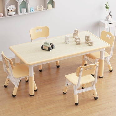 TROPOW Toddler Table and 4 Chairs Set with Graffiti Desktop,Height Adjustable Kids Table and Chairs Set,Non-Slip Legs,Kids Activity Table for Home,Nursery,for Age 2-10,Christmas Gifts for Kids