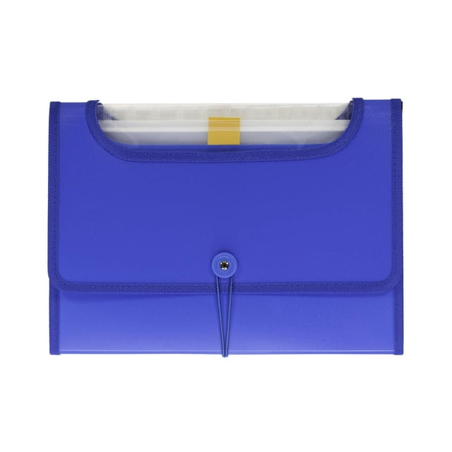 Hilroy® 13 pocket letter top view assorted expanding file folder in blue with 13 expanding pockets featuring tabs and labels, a clear top window for document visibility, and an elastic tie closure to keep letter-sized papers secure, ideal for office and school organization.