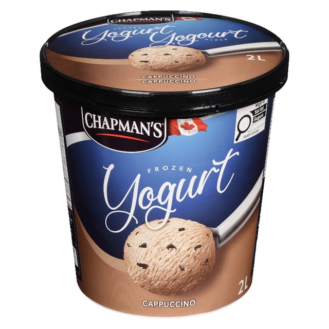 Chapman's Frozen Yogurt Cappuccino in a Tub, a 2-litre container with a blue and brown label showing a scoop of cappuccino frozen yogurt with chocolate-coated espresso flakes, made with 100% Canadian dairy, all natural flavour and colour, suitable as a healthier dessert option with less fat than regular ice cream.