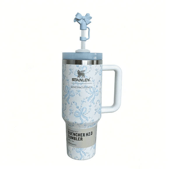 Stanley 1913 x LoveShackFancy Quencher H2.0 FlowState Tumbler 40oz Limited Edition Insulated Stainless Steel Cup with Handle & Straw Light Blue Bow Print