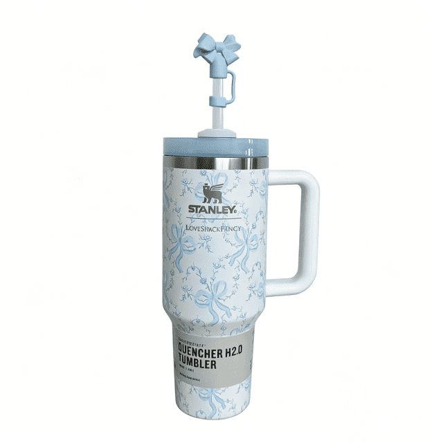 Stanley 1913 x LoveShackFancy Quencher H2.0 FlowState Tumbler 40oz Limited Edition Insulated Stainless Steel Cup with Handle & Straw Light Blue Bow Print