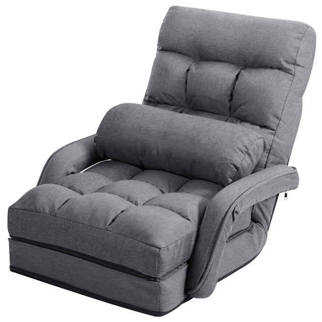 Costway Fauteuil de Sol Pliant avec Dossier Réglable à 6 Positions et Coussin Lombaire Gris