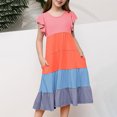 thumbnail image 3 of Besolor Robe Midi d'Été pour Tout-Petites Filles, Col Ras du Cou, Manches à Volants, Blocs de Couleur, à Étages, Ligne A Fluide, Robe de Plage pour Fête, 3 of 5