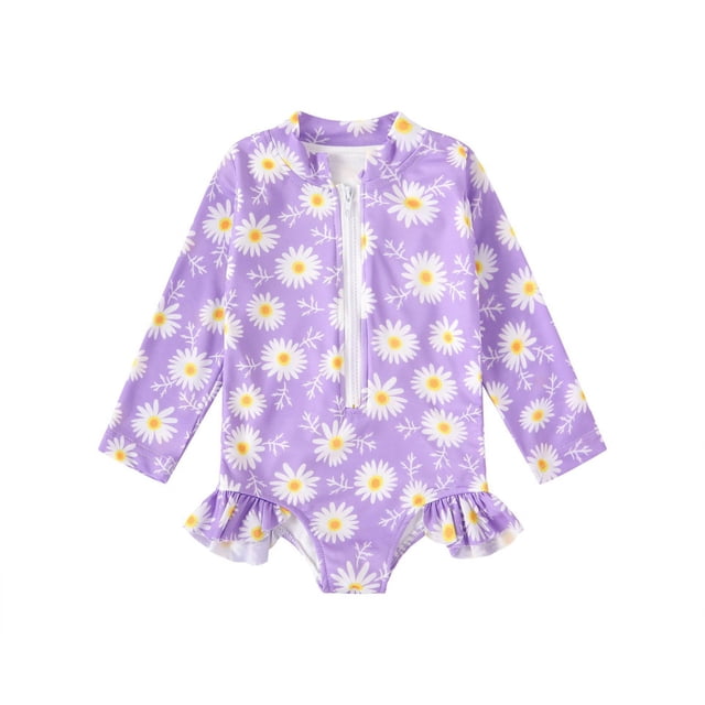 Luvoko Toddler Girls' Long Sleeve Colorful Floral Swimsuit With Full Zip | UPF 50+ Rash Guard For Hot Spring & Beach Resort Extra Small Girls Swimsuit Swim Suit Girl Heart Bathing Suit Toddler Girl