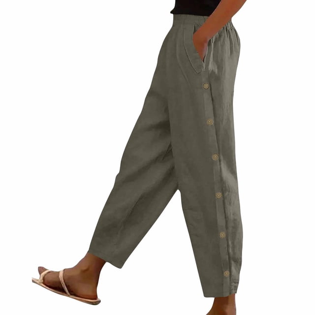 Timegard Womens Pants Elastic High Waist Lightweight Side Button Solid Color Lounge Trousers with Pockets