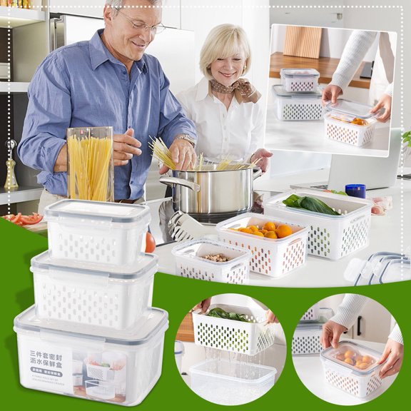 Sentmoon Panier d'Égouttage pour Fruits Fruits Légumes Contenants de Rangement pour Réfrigérateur 3 en 1 Bacs Organisateurs de Produits avec Couvercle Grand Contenant d'Égouttage Frais pour Réfrigérateur Ou Cuisine