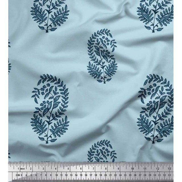 Soimoi Silk Fabric Leaves Block Print Fabric by The Yard 42 Inch Wide