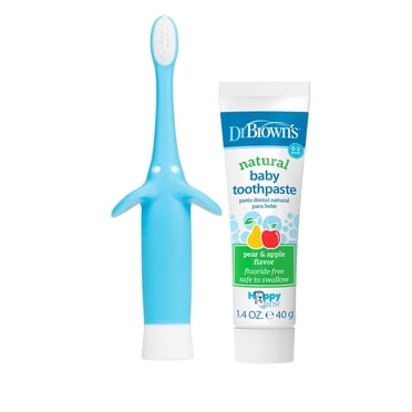 Dr. Brown's Infant-to-Toddler Training Soft Toothbrush Set with Pear Apple Fluoride-Free Toothpaste , Blue Elephant, 0-3 Years