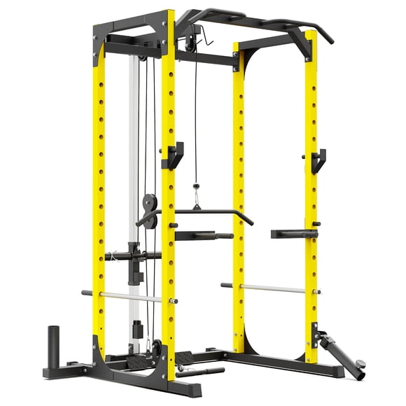 Synergee Cage de Support d'Alimentation avec Système à Poulie, Tiges en J, Bras de Sécurité, Barre de Traction, Barre pour Mines Terrestres et T, Prise pour Barre, Station de Trempage, Barre Lat et Droite. Support d'Exercice avec Capacité de 750 Lb.
