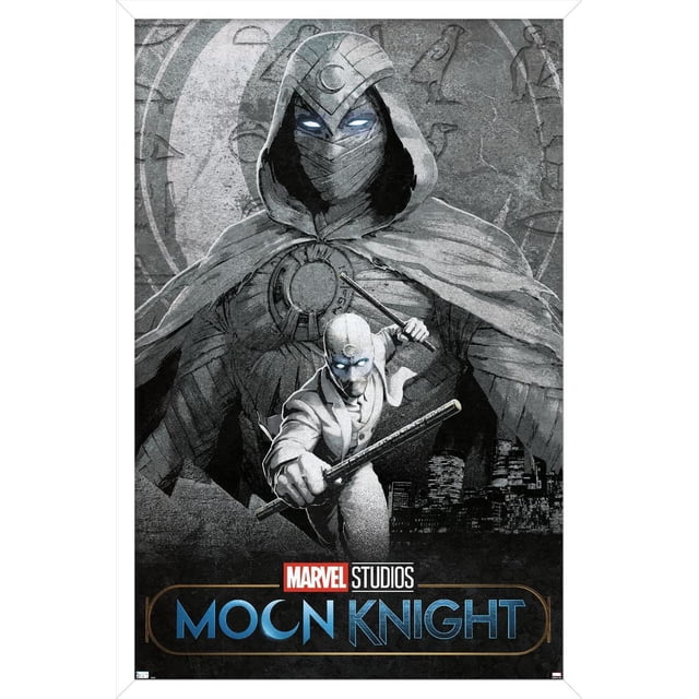 Marvel Moon Knight - Affiche Murale Teaser Représentant une Grande Figurine à Capuche avec des Yeux Lumineux et un Emblème de Lune en Croissant sur la Poitrine Se Tenant derrière une Figurine Plus Petite Convenant avec Deux Bâtons, sur un Fond Gris Texturé avec des Symboles Égyptiens Anciens et une Ligne d'Horizon de Ville, avec Marvel Studios et le logo Moon Knight au Bas.