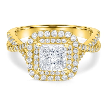 JeenMata Bague de Fiançailles en Moissanite Taille Princesse de 1 Carat - Ensemble Nuptial - Bague à Double Halo - Bague Grappe - Placage Or Jaune 18k pour Femmes