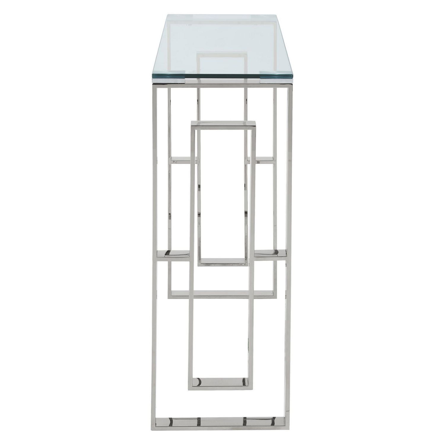 Console/bureau contemporain en acier inoxydable et verre – argent