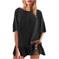 thumbnail image 1 of AherBiu Womens Summer Tops Casual Short Sleeve Drop Shoulder Crewneck Comfy T Shirts Loose Ruffle Patchwork Tops, 1 of 7