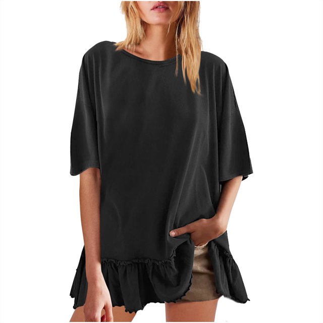AherBiu Womens Summer Tops Casual Short Sleeve Drop Shoulder Crewneck Comfy T Shirts Loose Ruffle Patchwork Tops