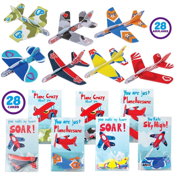 JOYIN 28 Pack Valentines Day Gifts Cards, Valentine's Greeting Cards for Kids with Foam Airplanes Valentine Classroom Exchange Party Favor Toy