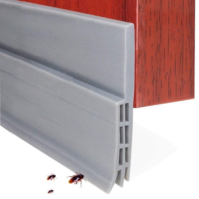 Door Draft Stopper Door Sweep for Exterior/Interior Doors in grey, made of high-quality silicone rubber with a 3M self-adhesive backing. The weatherproofing door seal strip measures 1m in length and fits gaps of 0-23mm or 0-28mm. It features a three-layer design for soundproofing, draft blocking, and dirt prevention. Shown installed on a wooden door, effectively sealing the bottom to block insects and drafts.