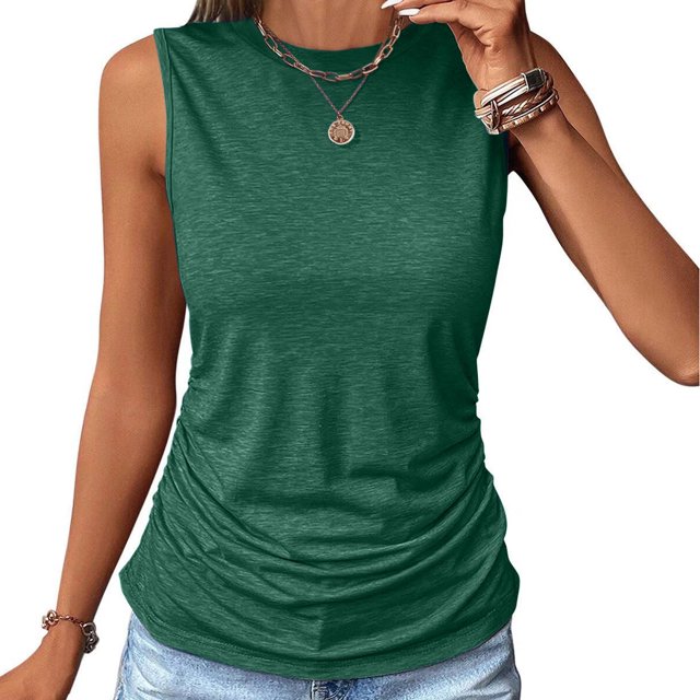 EGNMCR Camisoles pour Femmes Été Femmes Couleur Unie Col Rond Poche Sans Manches T-Shirt Décontracté Hauts Camisole