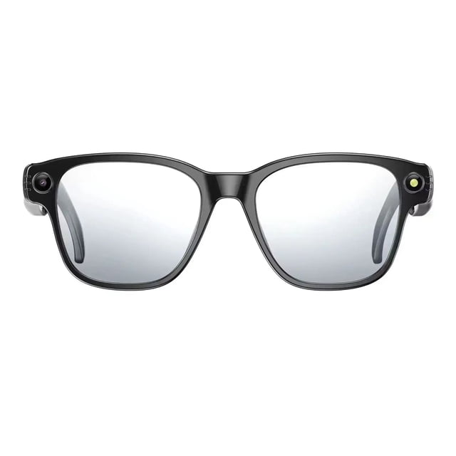 TUTT GS10 AI Glasses with a sleek black frame and adaptive photochromic clear lenses that adjust to light changes. Includes an HD camera on the left temple and AI integration on the right temple for intelligent object recognition and real-time assistance. Designed for prescription lens replacement and multi-platform connectivity, these smart sunglasses combine style and advanced functionality.