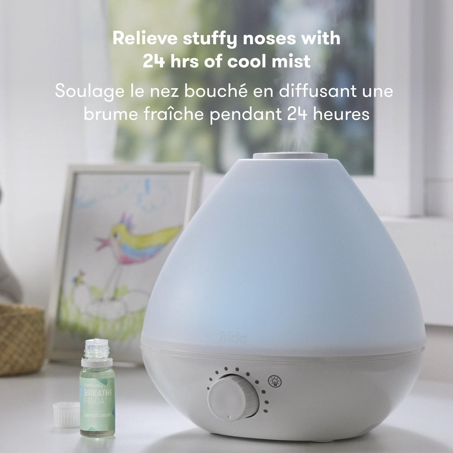 Frida Baby - BreatheFrida Diffuseur humidificateur 3 en 1 Diffuseur de veilleuse et veilleuse, Vaporisateur à brume fraîche apaisante pour bébé
