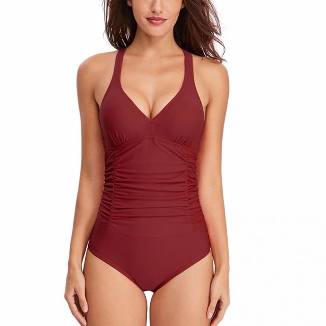 Women‘s V-Neck One Piece Swimwear Back Cross Tummy Control Bathing Suit
