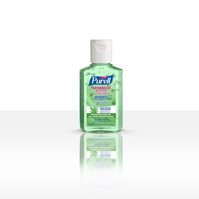 Purell Instant Hand Sanitizer with Aloe in a small transparent green gel bottle with a white flip-top cap, featuring advanced formula that kills 99.9% of germs including E. coli and Staphylococcus aureus, ideal for quick hand sanitization without soap and water.