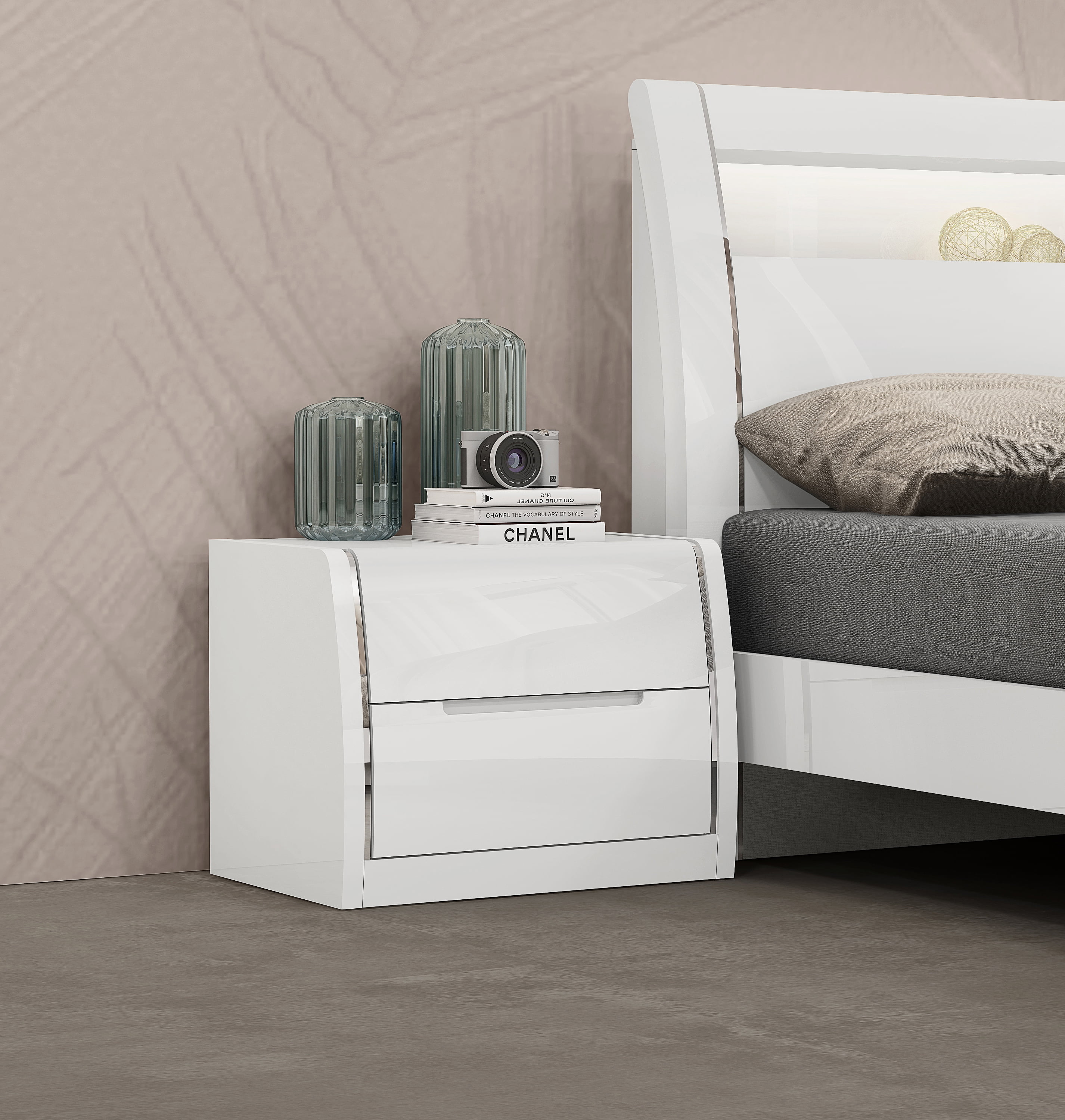 K-Living Phoebe Solid Wood Nightstand in High-Gloss White Finish