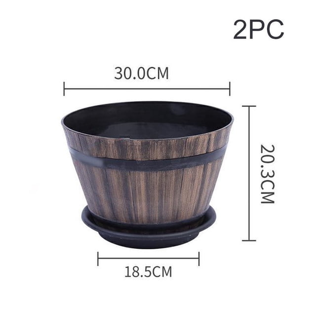 Imitation Wooden Barrel Flower Pot Walnut Color Thick And Durable Large Capacity Retro Planter for Home and Garden(C Three)