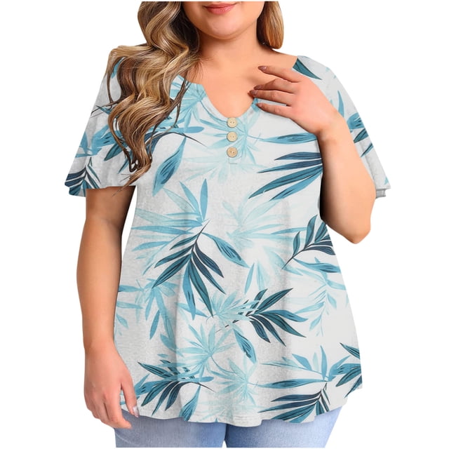 Birdeem Blouse Décontractée à Manches Courtes Imprimée pour Femmes, Grande Taille, à Volants, Col en V