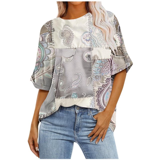 Pisexur Hauts pour Femmes Mode Décontractée Manches Courtes Col Rond T-Shirts Confortables Amples Imprimé Floral Blouses Printemps Été Hauts Élégants T-Shirts Imprimé Graphique Grande Taille Sorties S-5TG