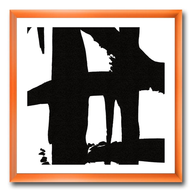 Designart Black & White Crossing Paths II Framed Wall Art showing abstract black shapes on white premium cotton canvas, mounted in a 1.5-inch orange frame with fade-resistant ink, includes hanging kit, suitable for modern home décor or office display.