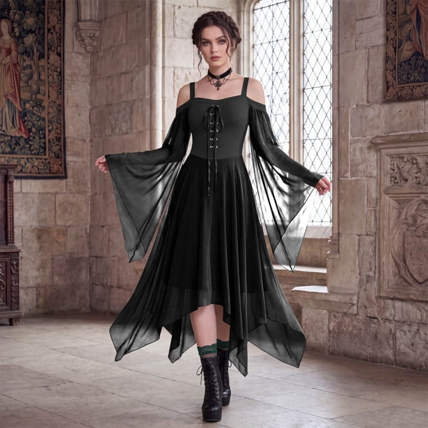 black halloween party dress Dress, Off Shoulder Long Sleeve Renaissance Witch Maxi Dress, Sheer Flare Sleeve Corset Lace Up Medieval Gothic Cosplay Gown for Halloween Themed Gathering, M Color:Green Leaf Sleeveless Material Couture Gowns Black Dress With Opaque