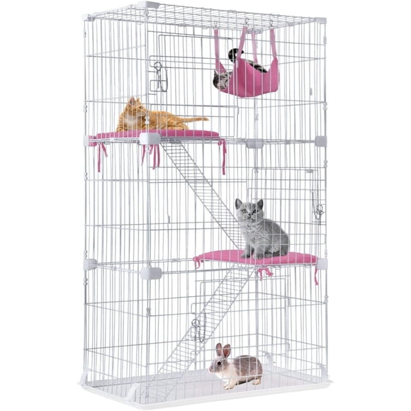 FDW Cat Cage Cat Crate Kennel Cats Playpen with Free Hammock Perching Shelves 3 Cats Bed 3 Front Doors 2 Ramp Ladders,67 inches