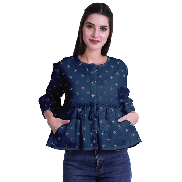 Moomaya T-Shirt à Col Rond pour Femmes à Manches Évasées, Haut Court en Coton Imprimé, Haut Décontracté