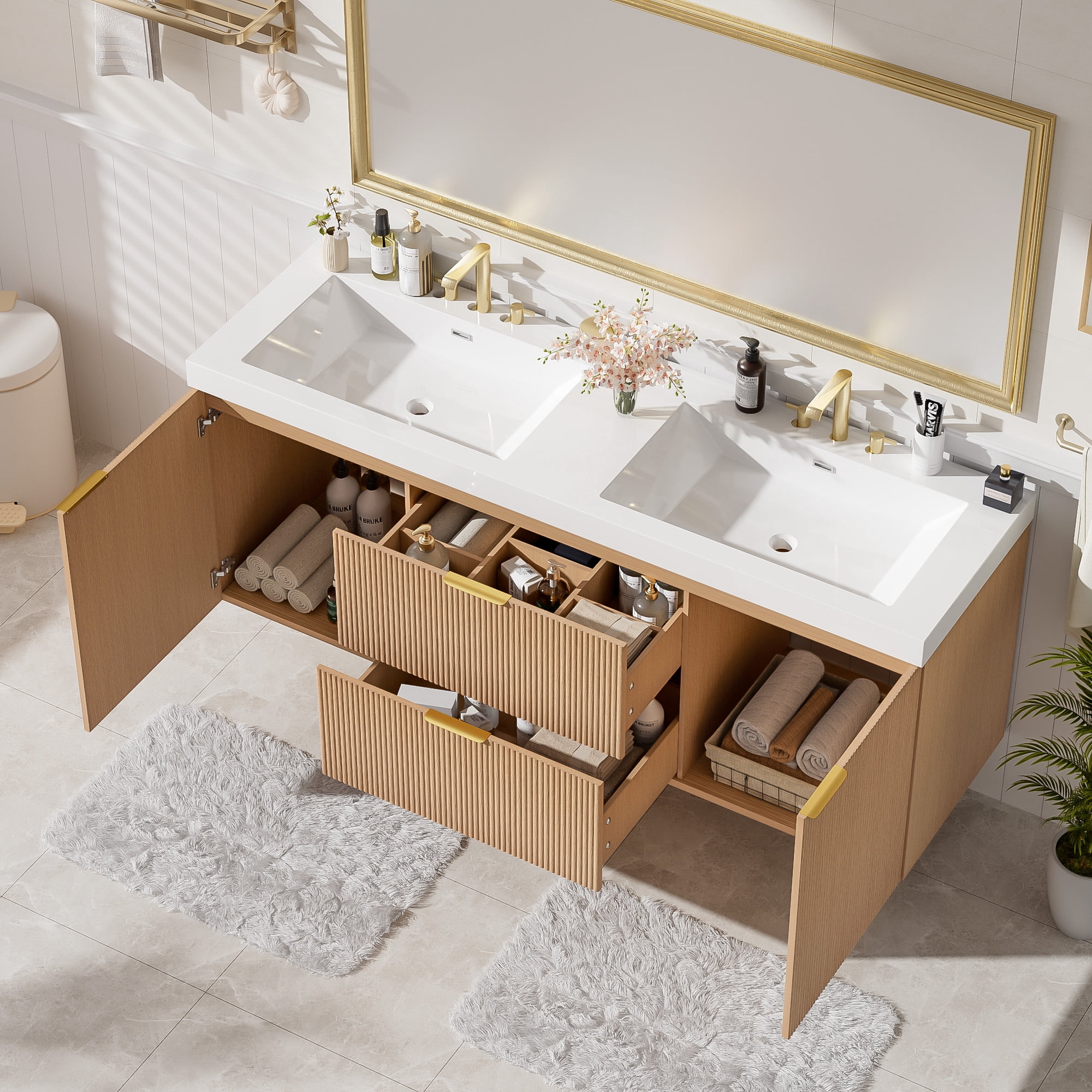 Noble House 59.3" Double Sink Bathroom Vanity, SMC Resin Top, Soft-Close Doors, Wall-Mounted, Modern Style