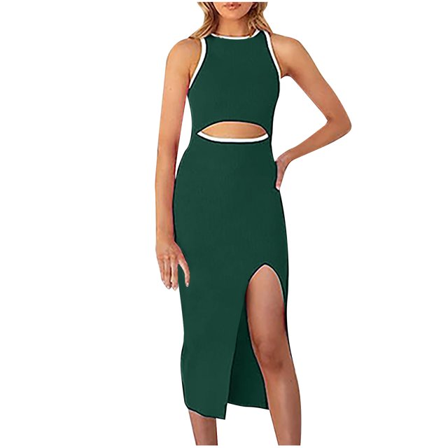 AherBiu Robes pour Femmes Sans Manches à Découpes, Fente, Robe Midi à Col Ras du Cou, Coupe Ajustée, Robes pour Formes pour Femmes