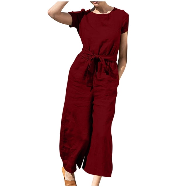 Yuyuzo Women Cotton Linen Jumpsuits Summer One-Piece Outfits Short Sleeve Wide Leg Long Pants Rompers