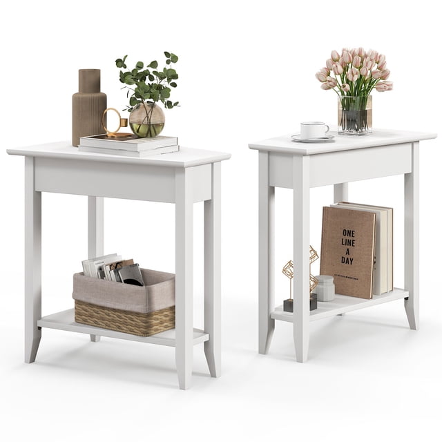 Gymax 2 PCS 2-Tier End Table Irregular Narrow Sofa Side Nightstand w/ Storage Shelf White