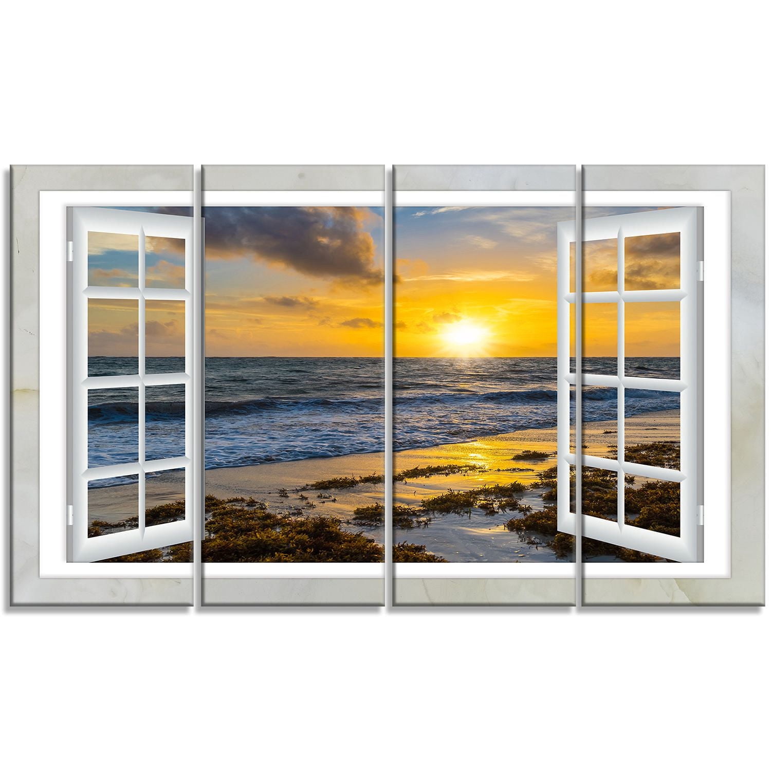 Tableau sur toile imprimée Design Art Paysage marin moderne Couchée de soleil jaune brillant à travers une fenêtre