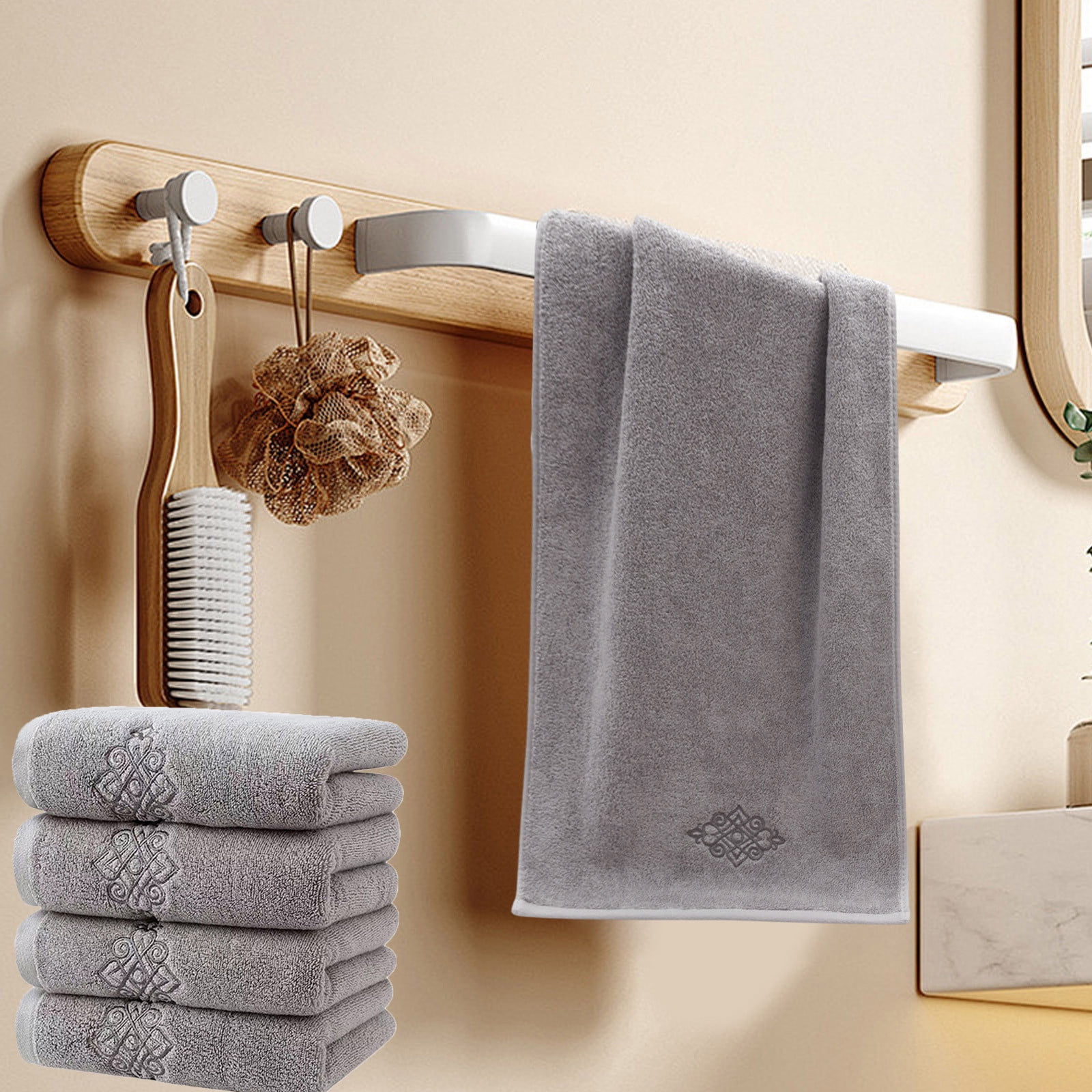 4 Pack - Cotton Towels - Four Pack of Absorbent Household Face Towels, Soft & Durable Bath Towels for Adults, Gray, JKODE