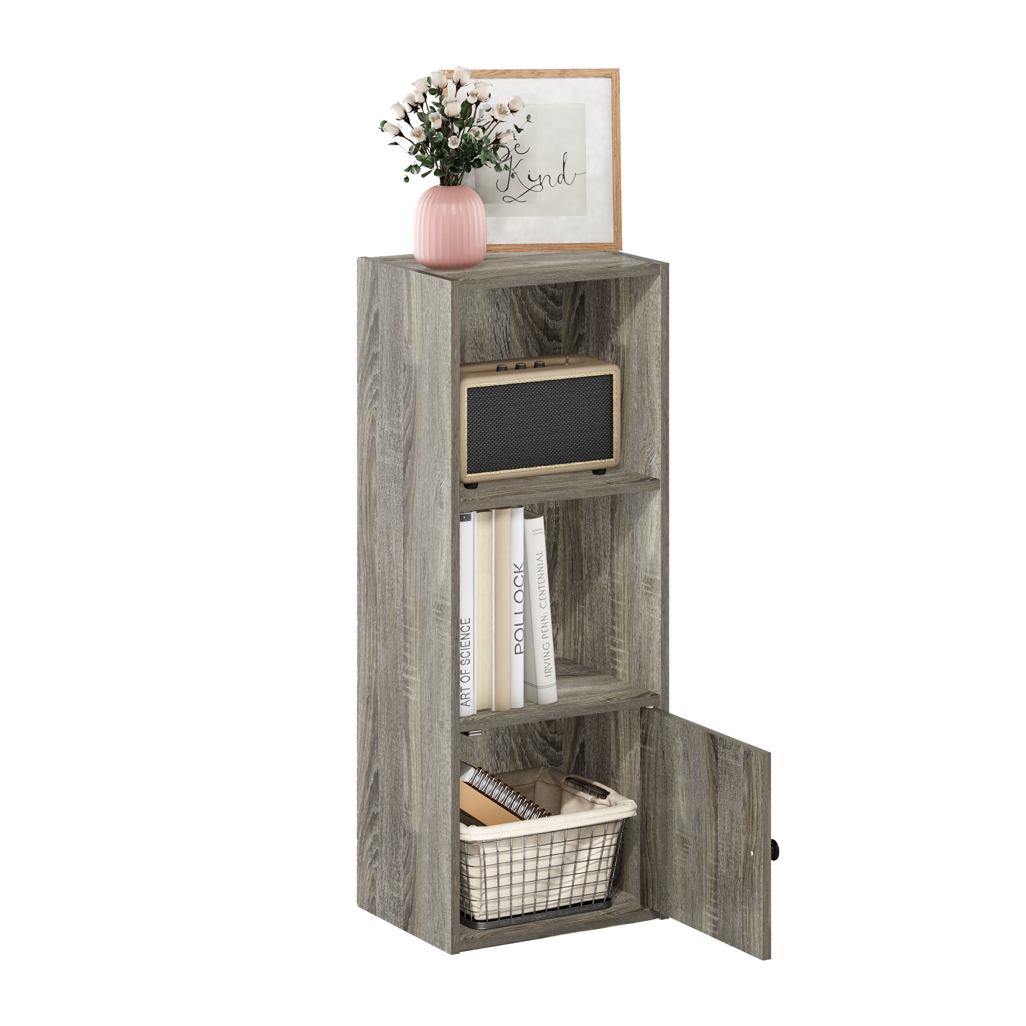 Furinno Luder 3-Tier Book Shelf with Closed Storage, Grey Bookshelf, Bookcase with 1 Door, 9.3 x 12 x 31.5, for Living Room, Bedroom, Home Office, Grey Oak