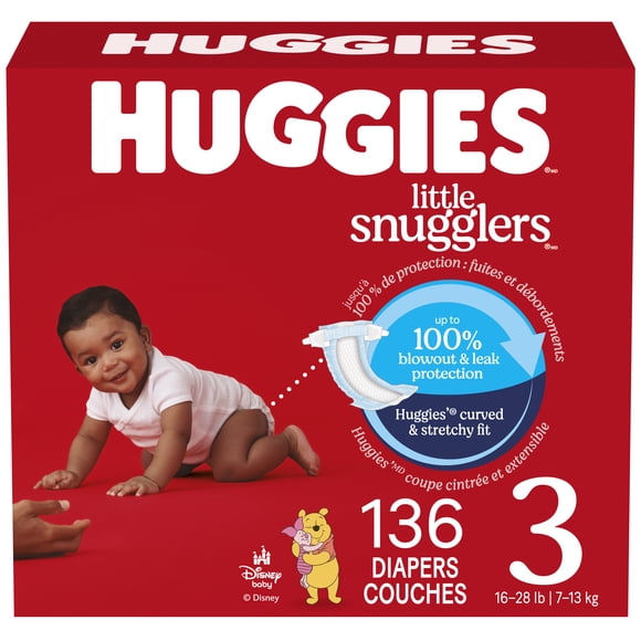 Couches pour bébés Huggies Little Movers, taille 3 (16 à 28 livres), 136 couches