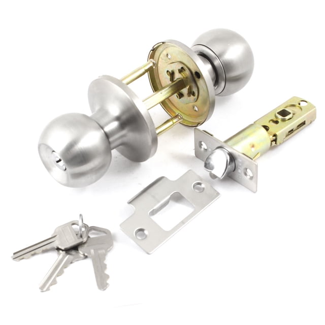 Unique Bargains Ensemble de Serrure de Porte à Bouton Rond en Forme de Boule avec Clé, Ton Argent, en Acier Inoxydable. Comprend une Serrure à Bouton de Porte Ronde, Trois Clés et des Pièces de Fixation. la Serrure Mesure 17 x 6,4 cm (6,5 x 2,5 Pouces) et Convient à des Épaisseurs de Porte de 35-60 mm (1,37-2,4 Pouces). Conçu pour la Salle de Bain et la Chambre, avec un Bouton Tournant Interne et un Dégagement d'Urgence Externe pour l'Intimité. Facile à Installer avec instructions Incluses et Gabarits