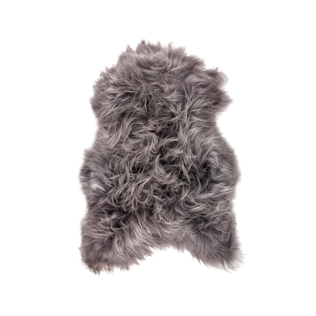 Icelandic Tapis en Peau de Mouton à Poils Longs Gris, Présentant une Peau de Mouton 100 % Naturelle et dense avec un Poil Bouclé de 2,5 Pouces d'Épaisseur et une texture Douce, Montré par-Dessus sur un Fond Blanc, avec un Endos Antidérapant en Microsuède Doux, Idéal pour Ajouter Chaleur et texture aux Espaces de Vie Intérieurs.