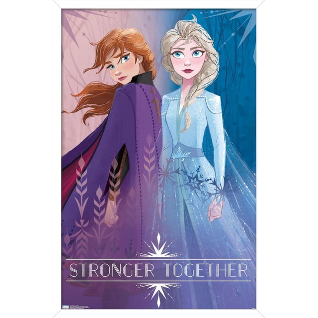 Disney Frozen 2 - Sisters Wall Poster, 22.375" x 34" featuring two stylized sisters standing back to back. One wears a purple cloak with leaf patterns and auburn hair, the other a light blue dress with snowflake motifs and a long braid. The background is split pink and blue with abstract snowflake and plant designs. The text 'STRONGER TOGETHER' is displayed at the bottom. Suitable for bedroom or kid's room wall decor.