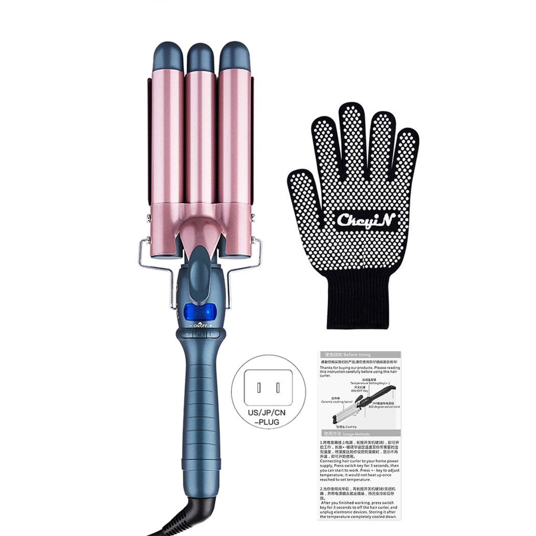 CkeyiN 3 Barrels Wave Curler Ceramic Curling Iron Wand, LCD Display Hair Curler Hair Styling Tool, Temperature Control Anti-Hot 3 Tubes 25mm Wave Curling Iron + Gloves