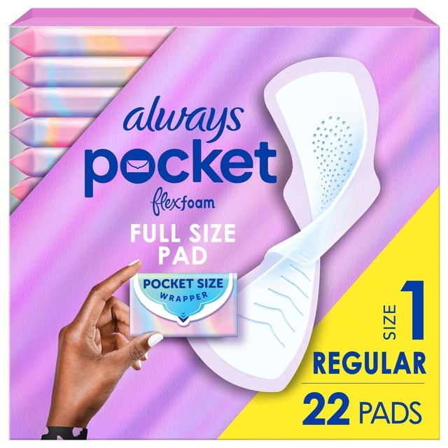 Always Pocket with FlexFoam Pads, Size 1, Regular, showing a full-size white foam feminine pad with wings and perforations, a hand holding a pocket-size resealable wrapper, and packaging displaying 22 pads in pastel purple and yellow.