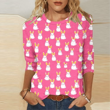 VKOYWKM Grande Taille Manches 3/4 Hauts pour Femmes Joyeuses Pâques Chemises Mode Lapin T-Shirts Graphiques Col Rond T-Shirts de Vacances Offres de Liquidation de Pâques